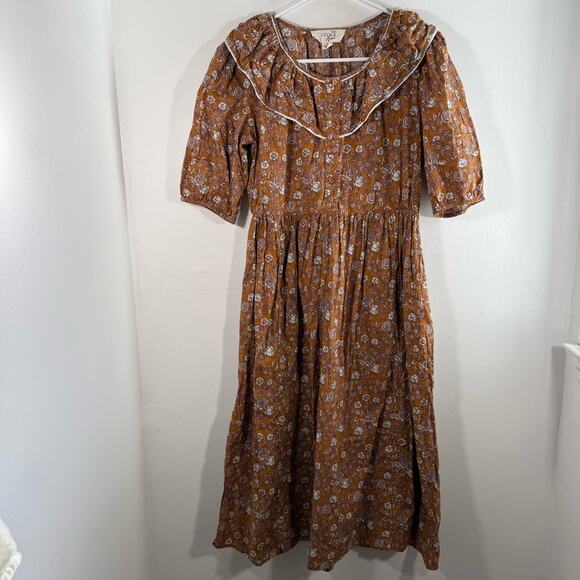 Stockplace The Label Amber Glow Brown Floral Ruffle Puff Sleeve Midi Dress Small - Picture 2 of 15